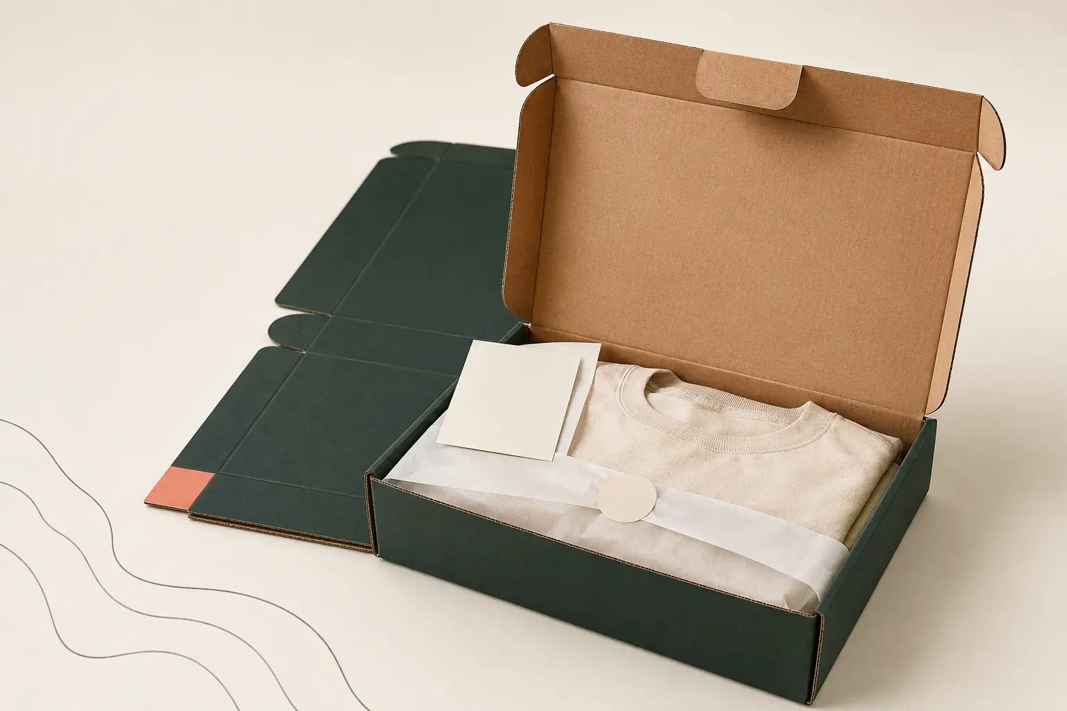 Concept rendering of an apparel mailer kit with tissue, a card and a folded garment.