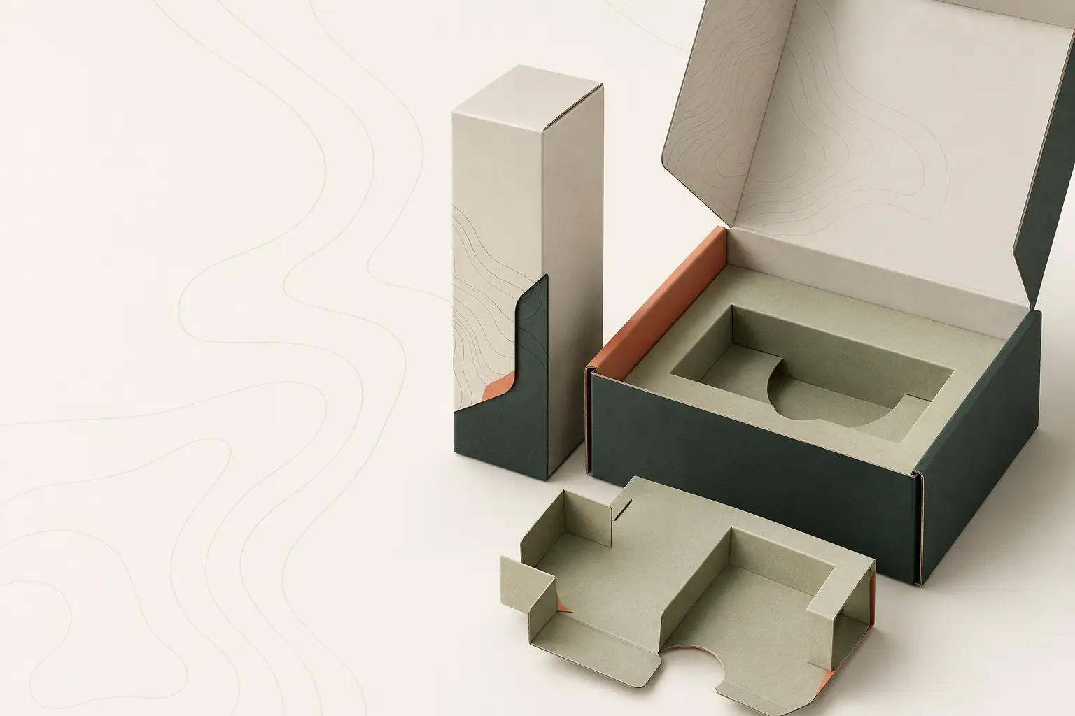 Concept rendering of paperboard cartons, a rigid set box and fitted inserts for skincare products.