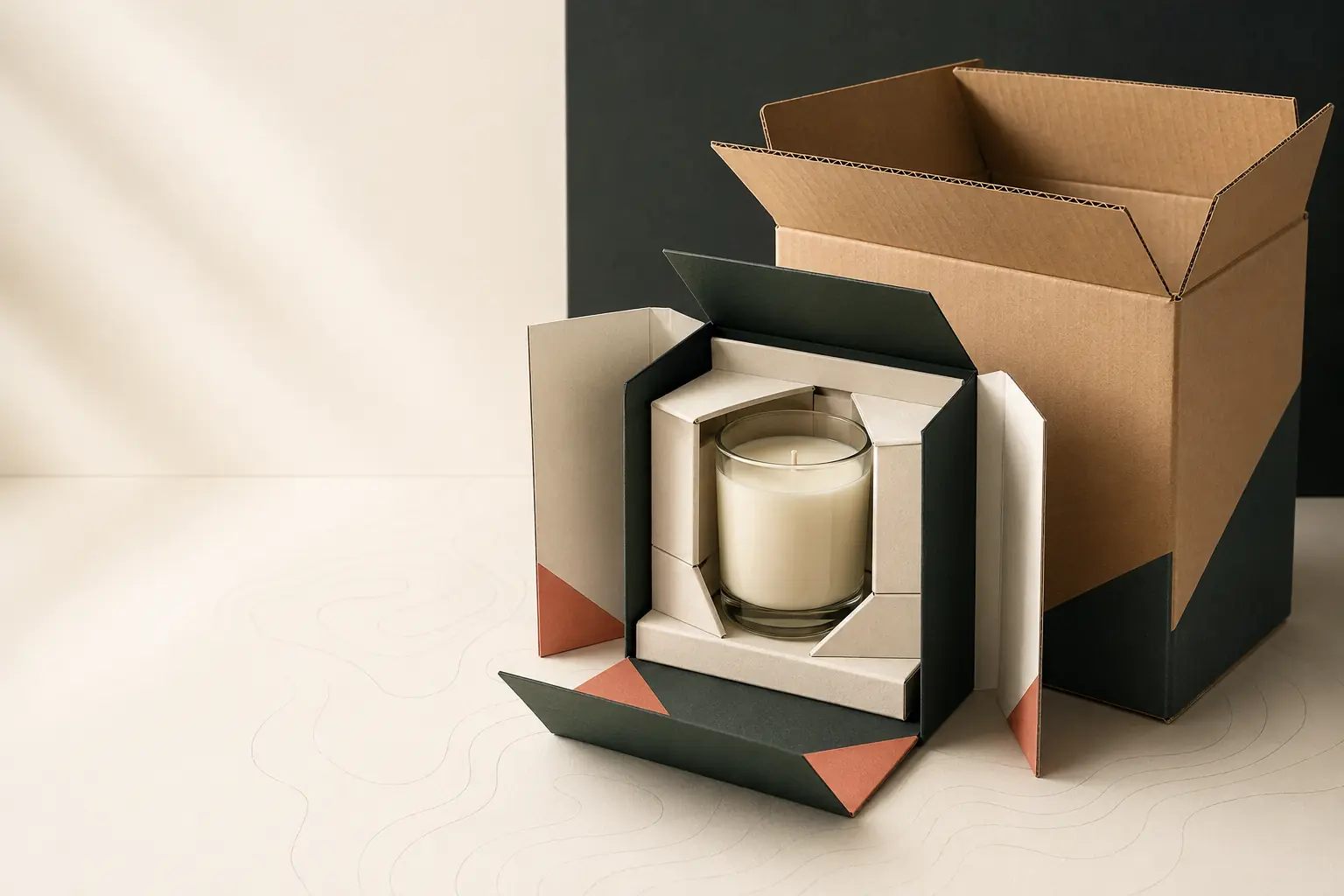 Concept rendering of a candle carton, fitted paper insert and corrugated shipping box.