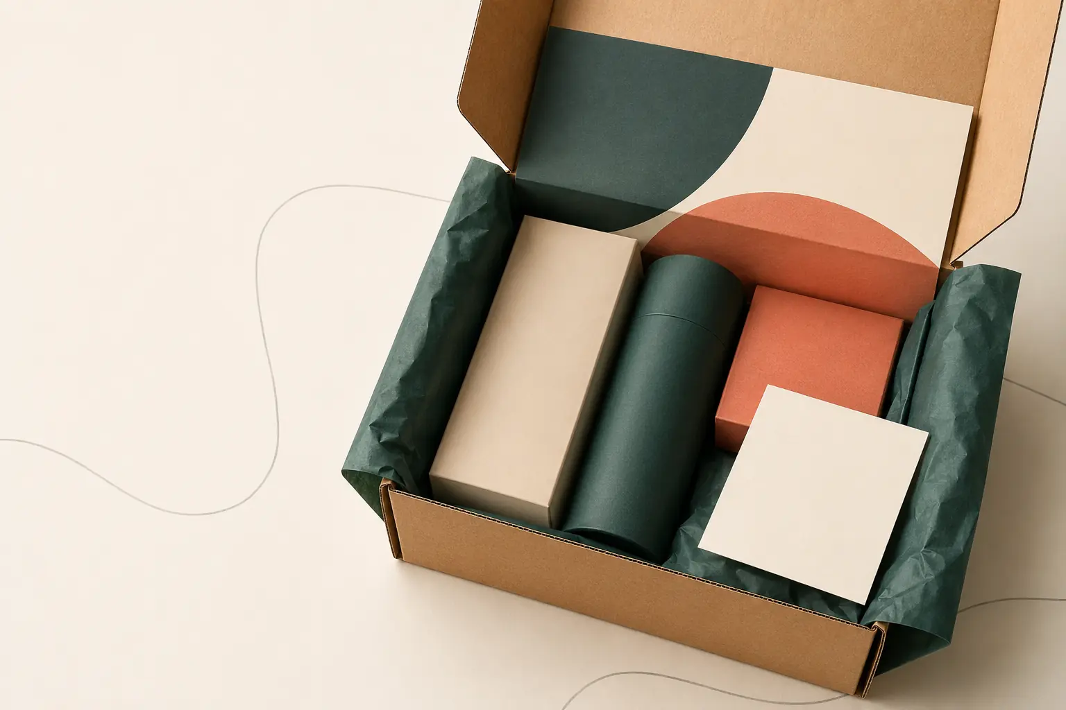 Concept rendering of a right-sized ecommerce mailer with paper packing, product forms and a blank card.
