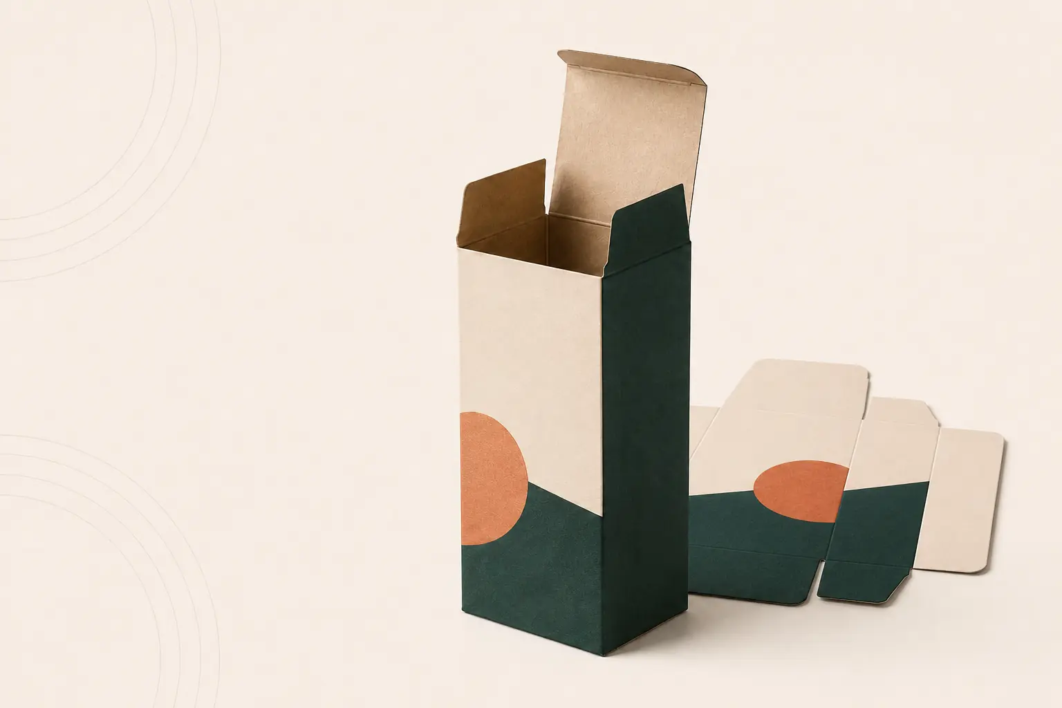 Concept rendering of an upright paperboard carton beside its flat blank.