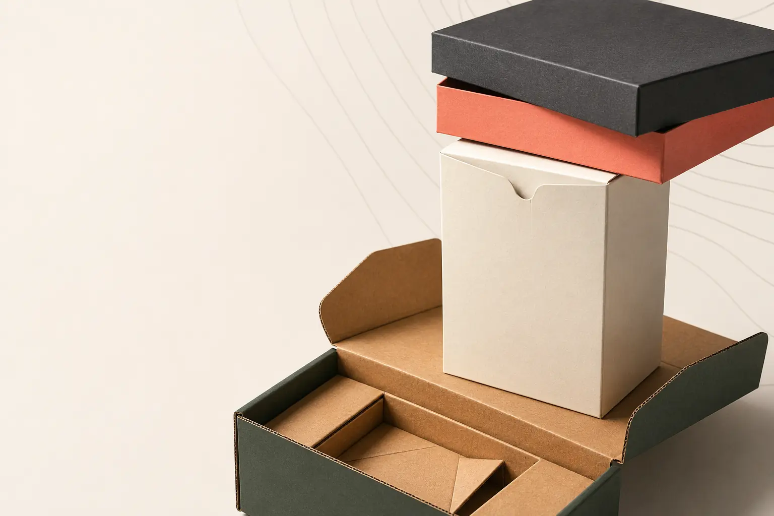 Concept rendering of a mailer, folding carton and rigid box arranged as a packaging set.