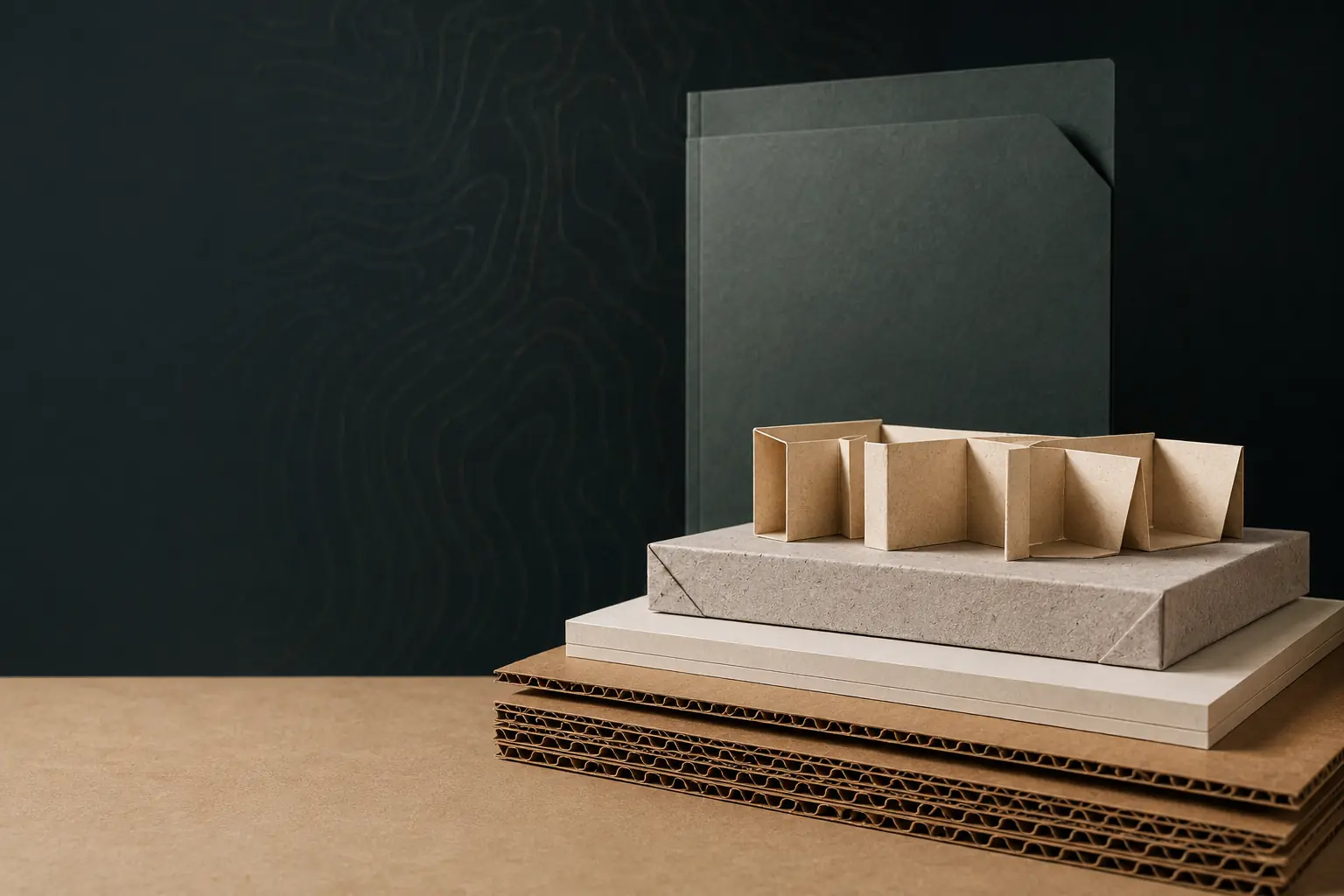 Concept rendering of corrugated, paperboard, greyboard and folded-paper material samples.
